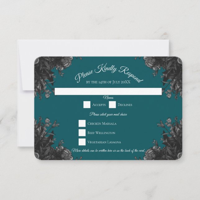 Turquoise Black Grey Rose Gothic Wedding Reply Invitation (Front)