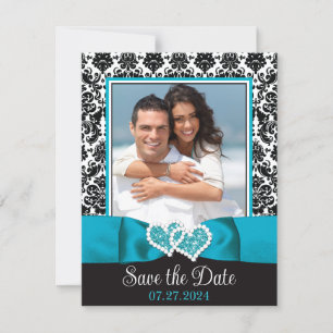Turquoise, Black Love Hearts Photo Save the Date