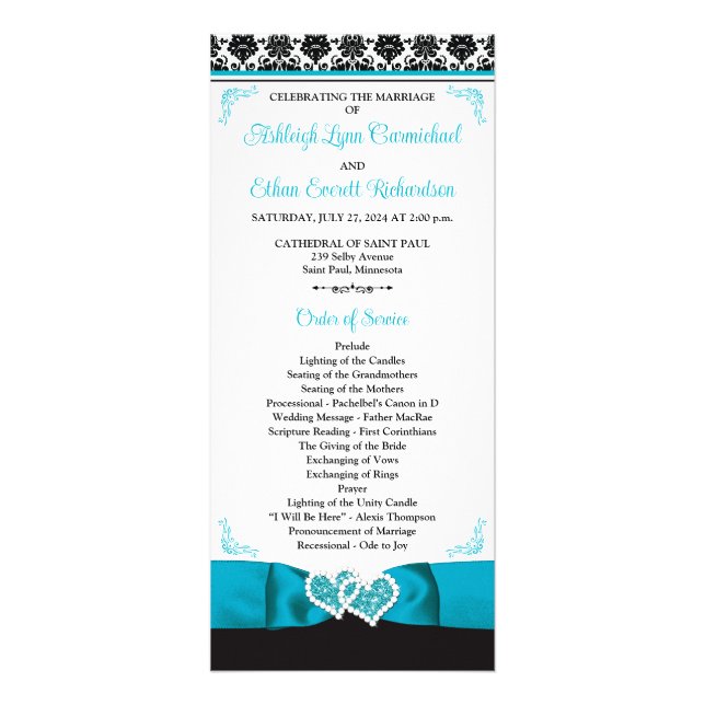 Turquoise, Black Love Hearts Wedding Program Rack Card (Front)