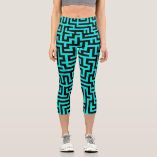 Turquoise Black Maze Lines Capri Leggings
