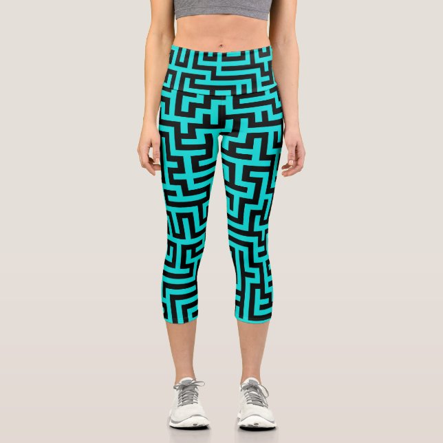 Turquoise Black Maze Lines Capri Leggings (Front)