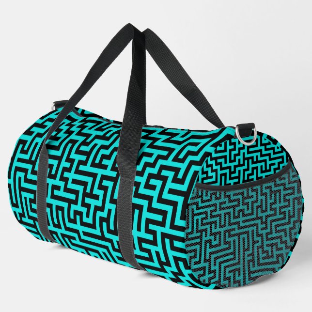 Turquoise Black Maze Lines Duffle Bag (Right Corner)
