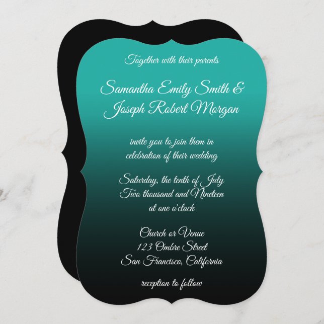 Turquoise Black Ombre Elegant Calligraphy Wedding Invitation (Front/Back)