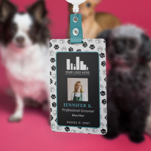 Turquoise Black Paw Print & Logo Dog Groomer ID Badge