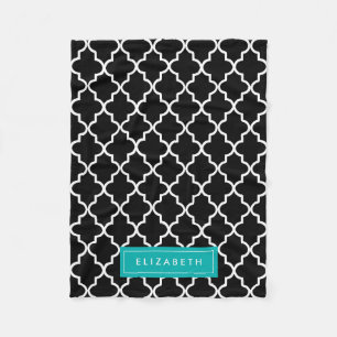 Turquoise & Black Quatrefoil Fleece Blanket