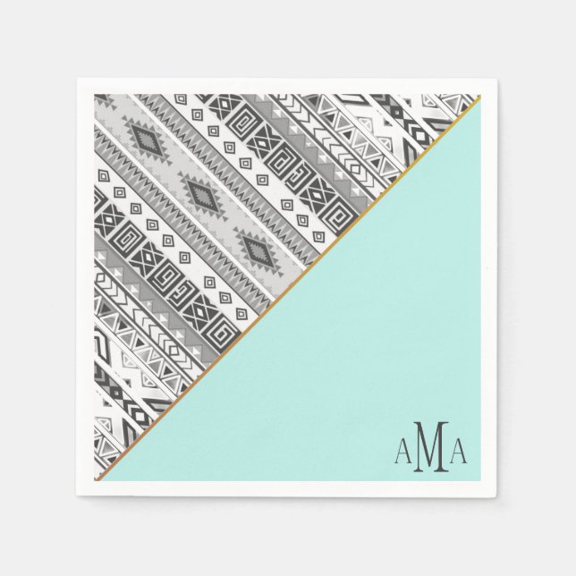 Turquoise Black White Aztec Tribal Monogram Napkin (Front)