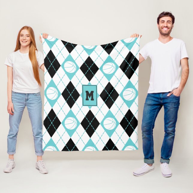 turquoise black white basketball themed argyle fleece blanket (In Situ)
