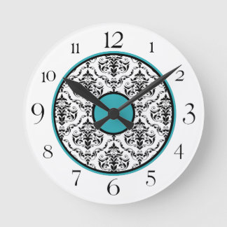 Turquoise Black & White Damask Elegant Round Clock