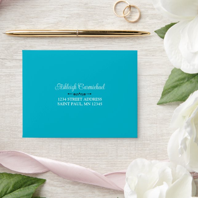 Turquoise, Black White Damask Wedding A2 Size RSVP Envelope (Wedding)