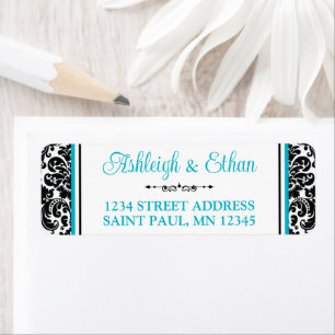 Turquoise, Black White Damask Wedding Address