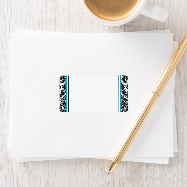 Turquoise, Black White Damask Wedding Address Label (Insitu)