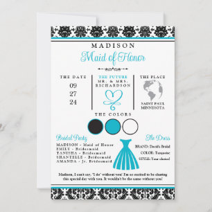 Turquoise, Black White Heart Bridal Party Card