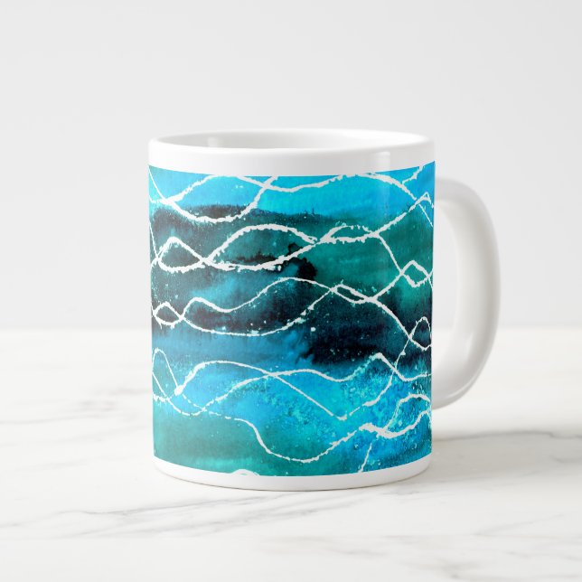 Turquoise, Black, White 'Waves'  Jumbo Mug (Front Right)