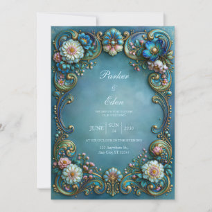 Turquoise Blossom Filigree Wedding Invitation