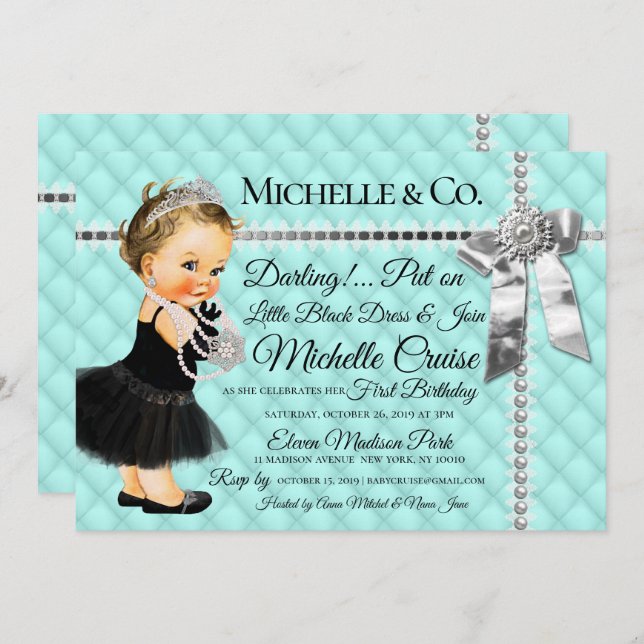 Turquoise Blue 1st Vintage Silver Ribbon Pearls Invitation (Front/Back)