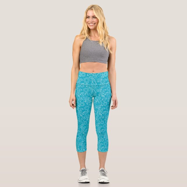 Turquoise Blue Abstract Capri Leggings (Front)