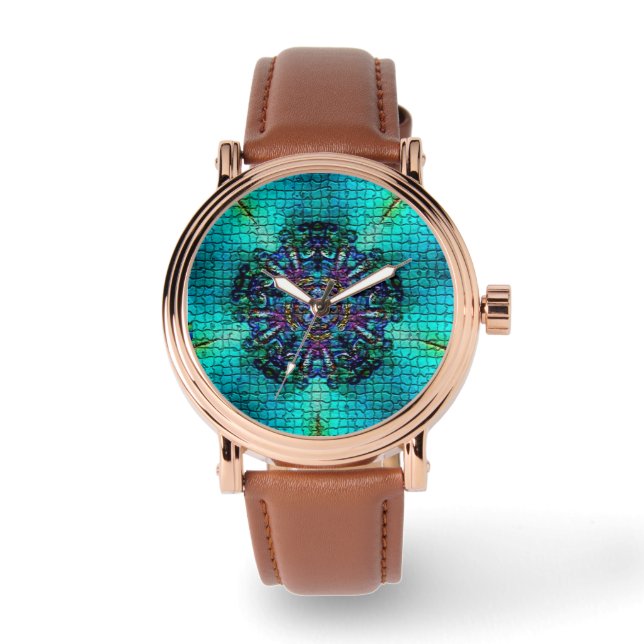 TURQUOISE BLUE ABSTRACT FRACTAL MOSAIC WATCH (Front)