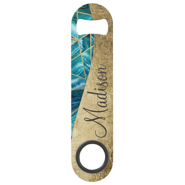 Turquoise Blue Agate Black Gold Geometric Monogram (Front)