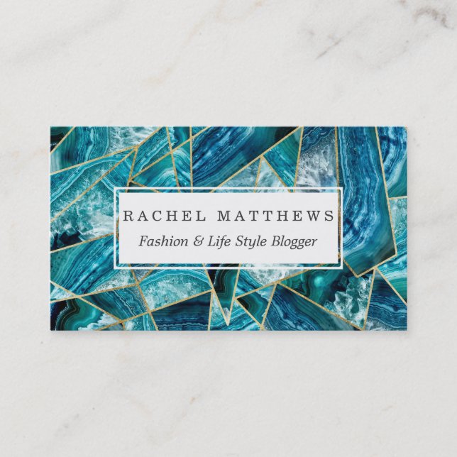 Turquoise Blue Agate Black Gold Geometric Triangle Business Card (Front)