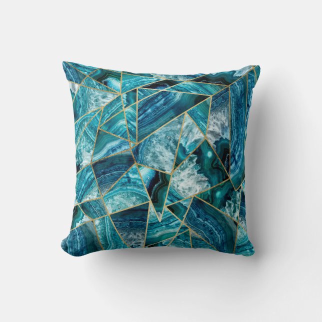 Turquoise Blue Agate Black Gold Geometric Triangle Cushion (Front)