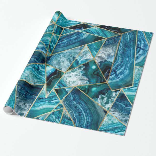 Turquoise Blue Agate Black Gold Geometric Triangle Wrapping Paper (Unrolled)