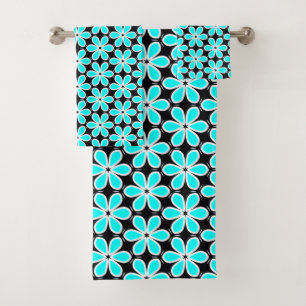 Turquoise Blue and Black Floral Pattern Bath Towel Set