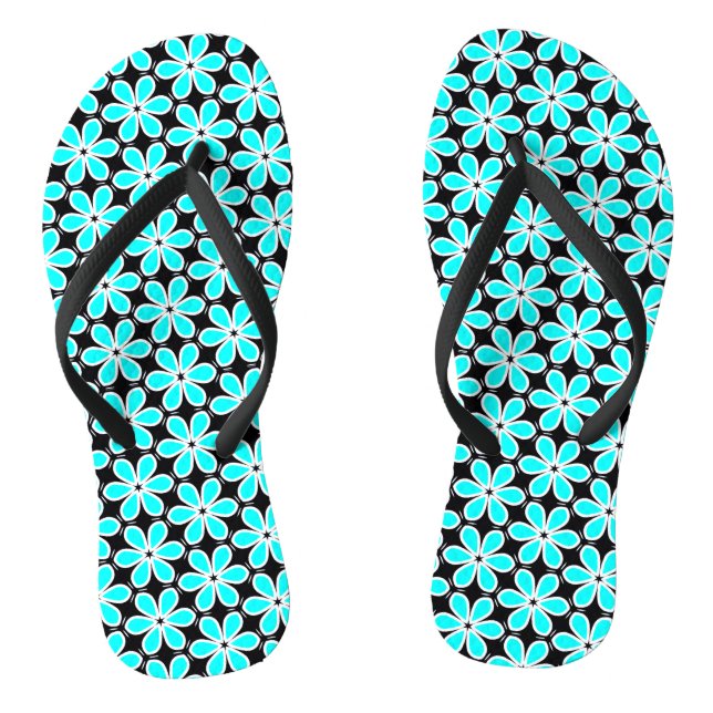 Turquoise Blue and Black Floral Pattern Flip Flops (Footbed)