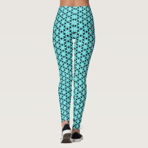 Turquoise Blue and Black Floral Pattern Leggings