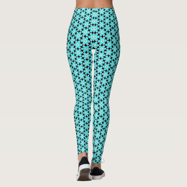 Turquoise Blue and Black Floral Pattern Leggings (Back)