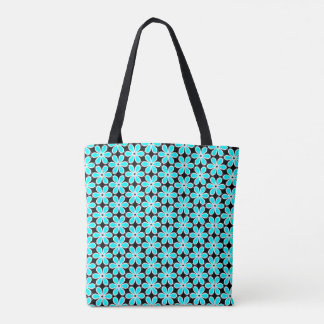 Turquoise Blue and Black Floral Pattern   Tote Bag
