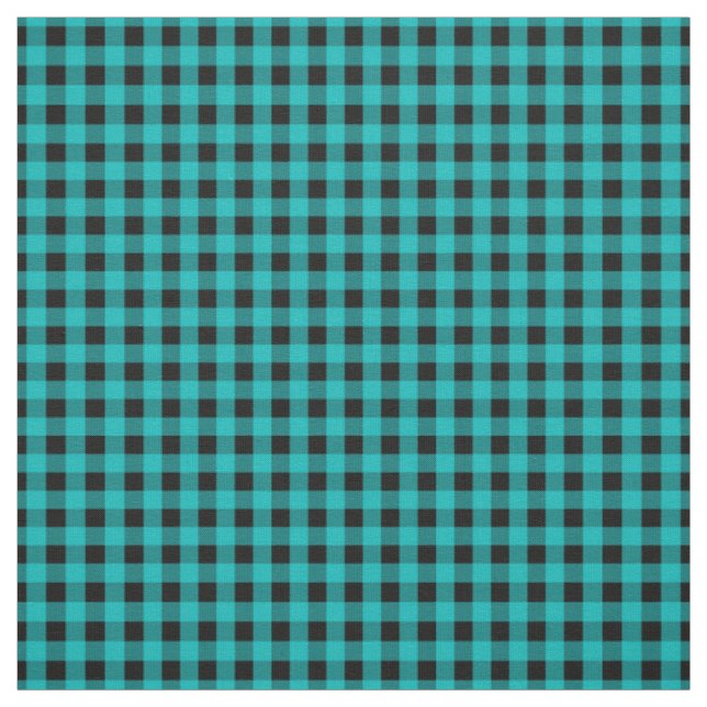 Turquoise Blue and Black Gingham Check Pattern Fabric (Swatch)