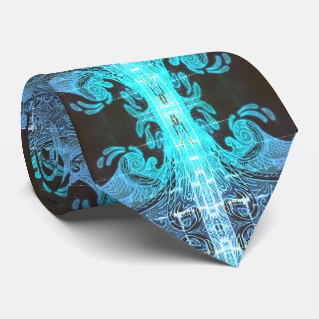 Turquoise Blue and Black Wave Tie (Rolled)
