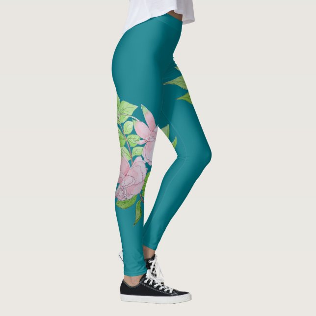 turquoise blue and bold pink flower pattern floral leggings (Right)