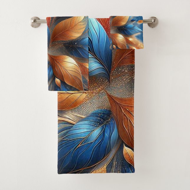 Turquoise Blue and Copper Leaves Abstrac Towel Set (Insitu)