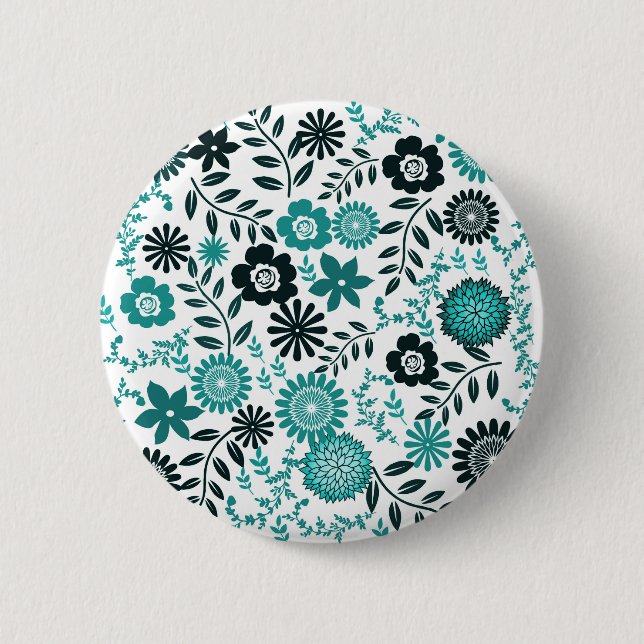 Turquoise blue and dark olive green pattern floral 6 cm round badge (Front)