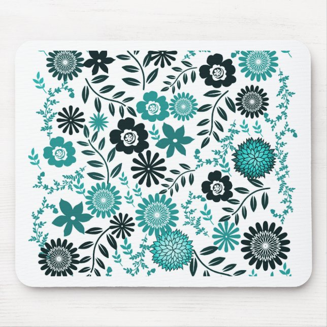 Turquoise blue and dark olive green pattern floral mouse pad (Front)