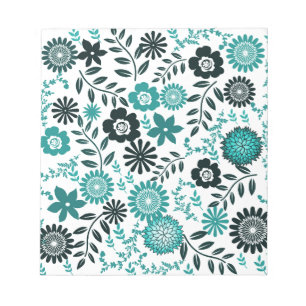 Turquoise blue and dark olive green pattern floral notepad