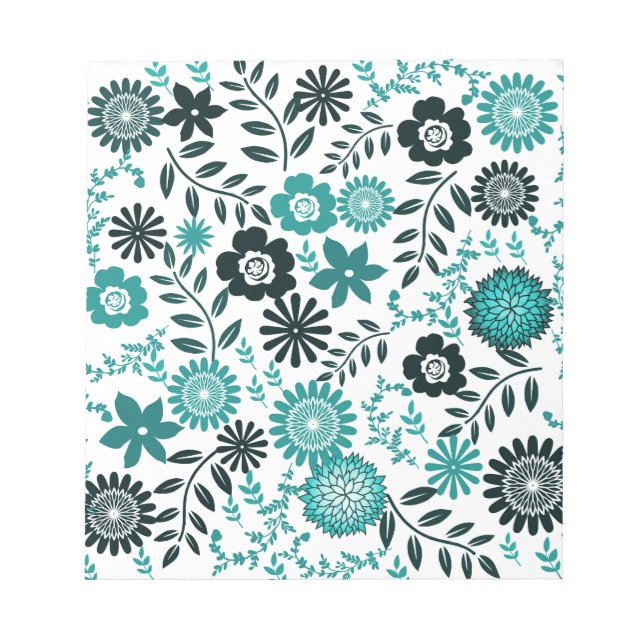 Turquoise blue and dark olive green pattern floral notepad (Front)