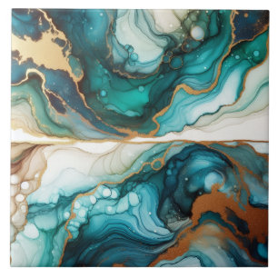 Turquoise Blue and Gold Alcohol Ink Tile