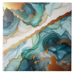 Turquoise Blue and Gold Alcohol Ink Tile