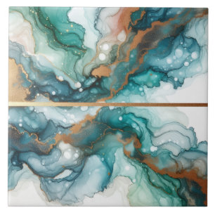 Turquoise Blue and Gold Alcohol Ink Tile