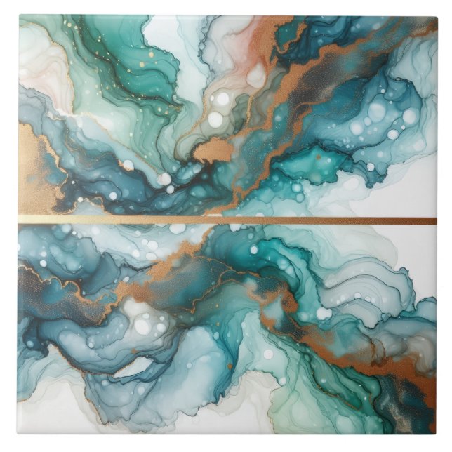Turquoise Blue and Gold Alcohol Ink Tile (Front)