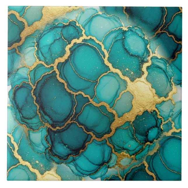 Turquoise Blue and Gold Alcohol Ink Tile (Front)