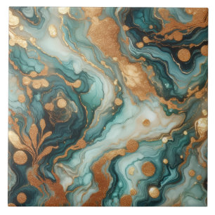 Turquoise Blue and Gold Alcohol Ink Tile