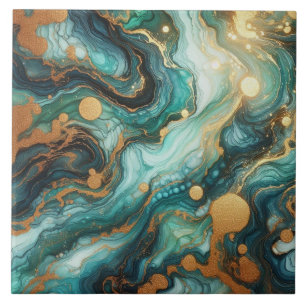 Turquoise Blue and Gold Alcohol Ink Tile