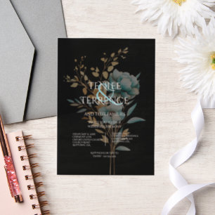 Turquoise Blue and Gold Color Floral Wedding Vellum Invitations