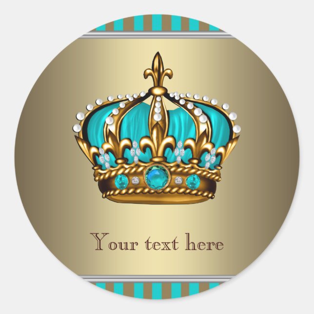 Turquoise Blue and Gold Crown Classic Round Sticker (Front)