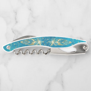 Turquoise blue and gold feathers and stars corkscrew