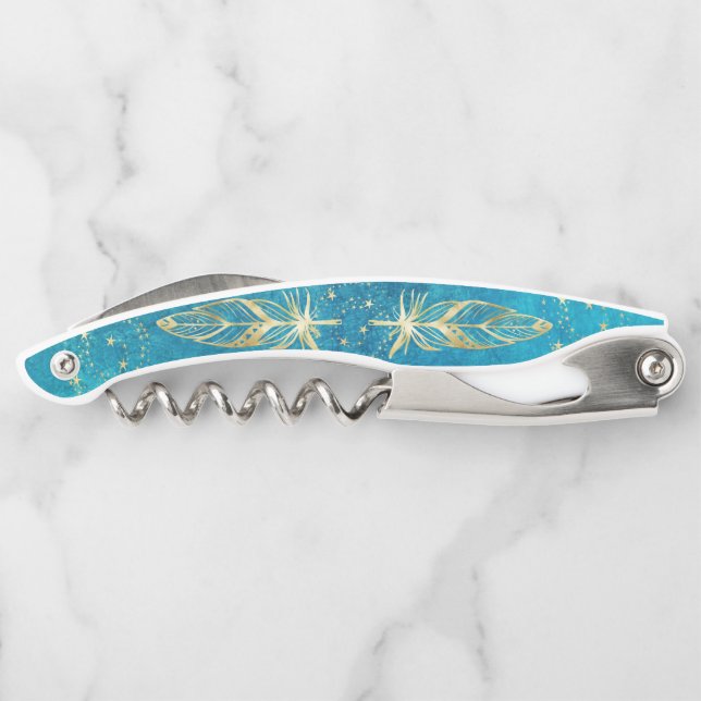 Turquoise blue and gold feathers and stars corkscrew (Back)