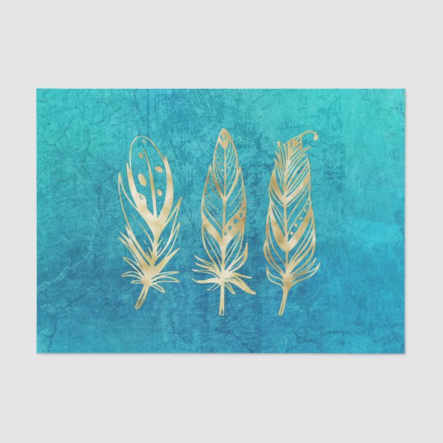 Turquoise Blue and Gold Feathers Classic Tissue Paper (Front)